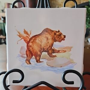 Vintage New Old Stock Franciscan Tile with Grizzly Bear Motif in Cream and Brown